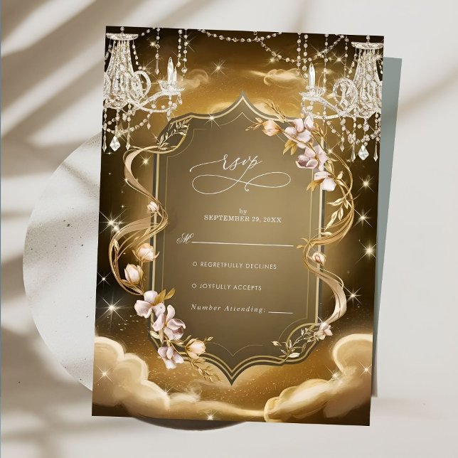 Elegant Gold Crystals Chandelier Wedding RSVP Card (Creator Uploaded)