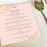 Elegant Gold Curls Blush Pink Budget Wedding Menu<br><div class="desc">These beautiful wedding menus are simple,  elegant,  and stylish while still being budget friendly and affordable. They feature a classy and glamorous design with ornate golden faux foil curls and swirls,  and script calligraphy on a pale blush pink colored background. The back is a beautiful marbled gold color.</div>