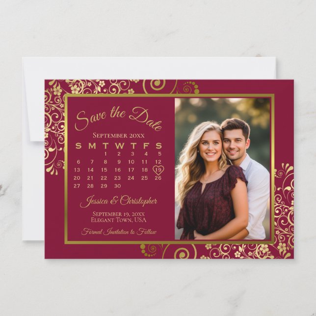 Elegant Gold Curls Burgundy Calendar Photo Wedding Save The Date (Front)