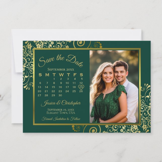 Elegant Gold Curls Emerald Calendar Photo Wedding Save The Date (Front)