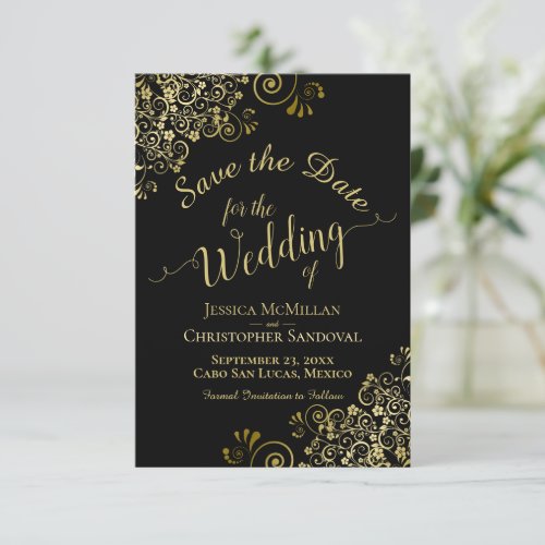 Elegant Gold Curls Filigree on Black Wedding Save The Date