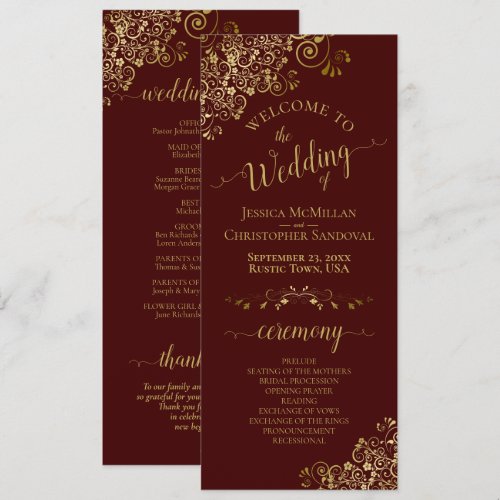 Elegant Gold Curls on Auburn Brown Wedding Program