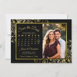 Elegant Gold Curls on Black Calendar Photo Wedding Save The Date