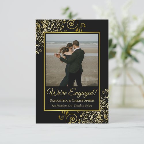 Elegant Gold Curls on Black with Photo Engagement Announcement