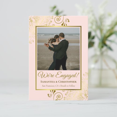 Elegant Gold Curls on Blush Pink Photo Engagement Announcement