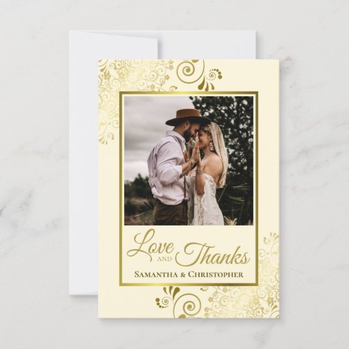 Elegant Gold Curls on Cream Love  Thanks Wedding Thank You Card