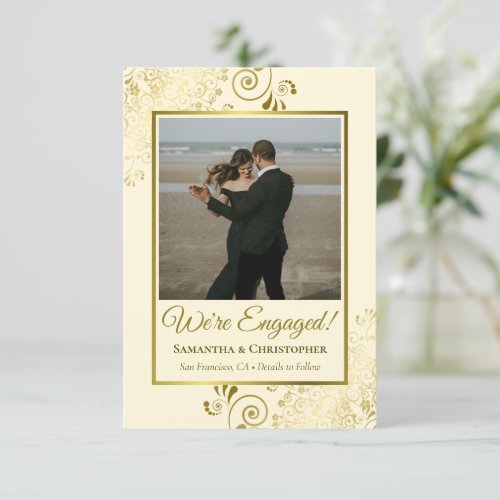 Elegant Gold Curls on Ivory Cream Photo Engagement Announcement