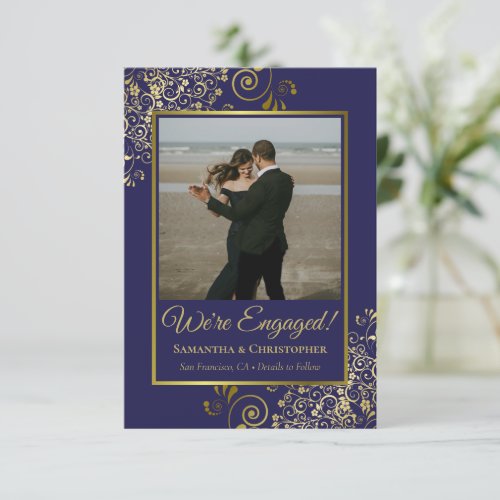 Elegant Gold Curls on Navy Blue Photo Engagement Announcement