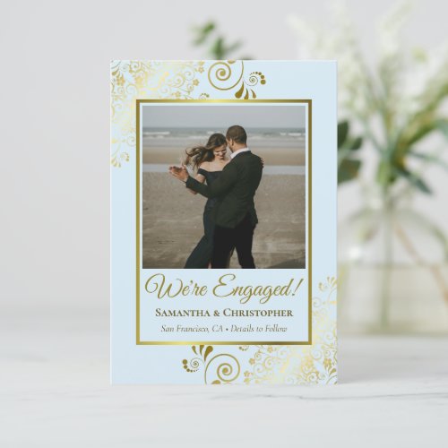 Elegant Gold Curls on Powder Blue Photo Engagement Announcement