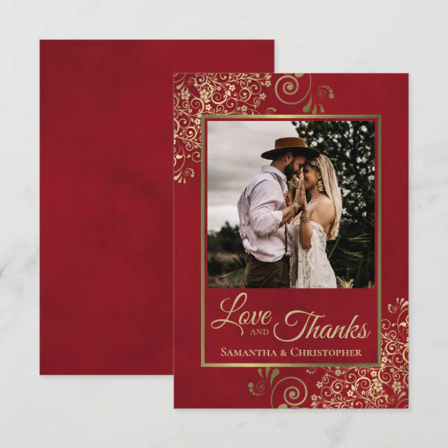 Elegant Gold Curls on Red Love & Thanks Wedding Thank You Card | Zazzle