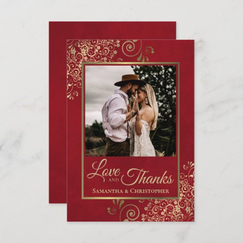 Elegant Gold Curls on Red Love  Thanks Wedding Thank You Card