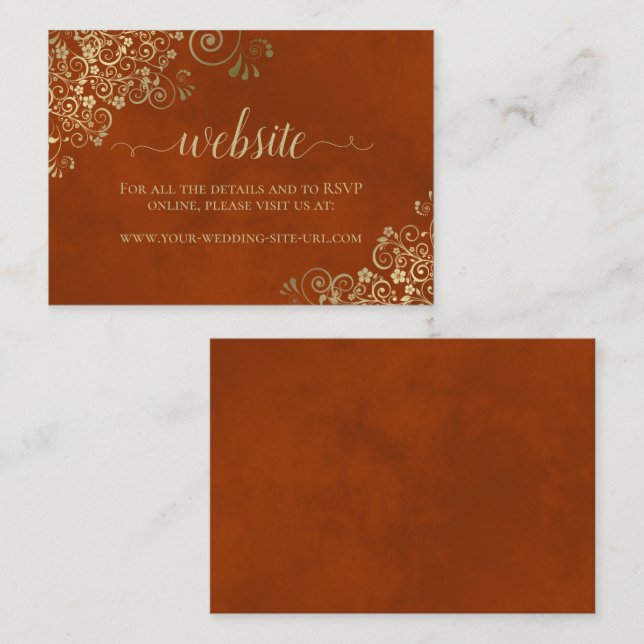 Elegant Gold Curls on Rust Orange Wedding Website Enclosure Card (Front/Back)