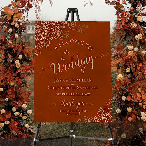 Elegant Gold Curls on Rust Orange Wedding Welcome Foam Board