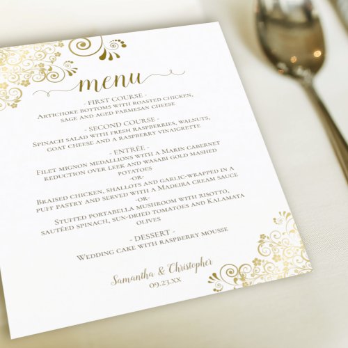 Elegant Gold Curls on White Budget Wedding Menu