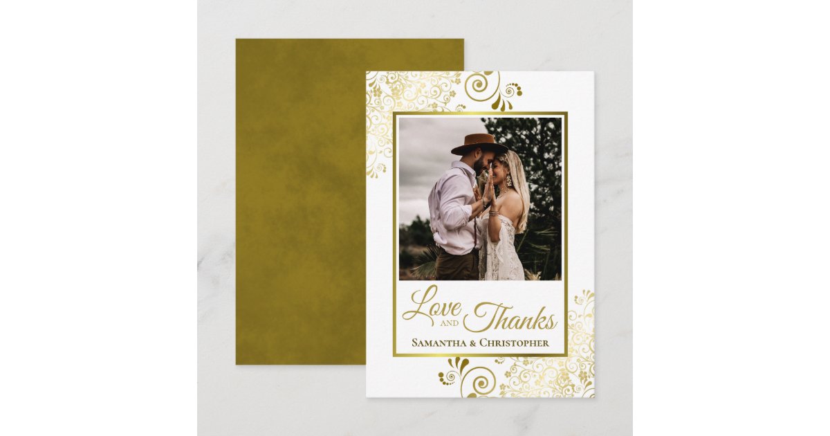 Elegant Gold Curls on White Love & Thanks Wedding Thank You Card | Zazzle