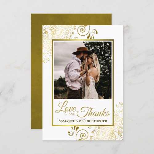 Elegant Gold Curls on White Love  Thanks Wedding Thank You Card