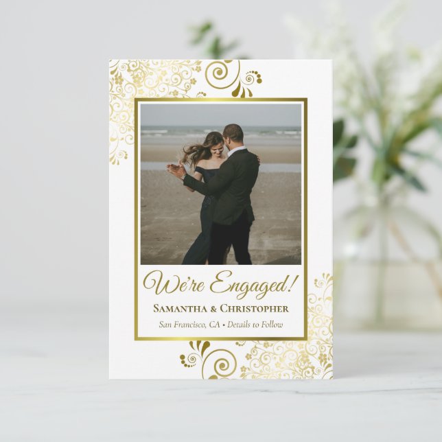 Elegant Gold Curls on White Photo Engagement Announcement (Standing Front)