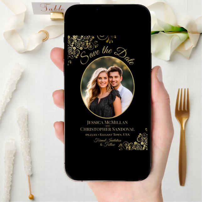 Elegant Gold Curls Oval Photo Black Wedding Save The Date (Front Digital)