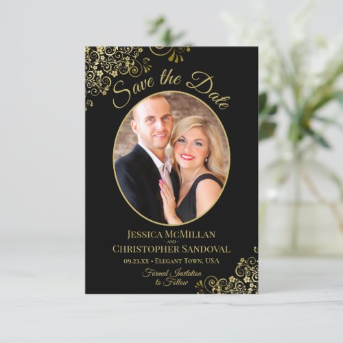 Elegant Gold Curls Oval Photo Black Wedding Save The Date