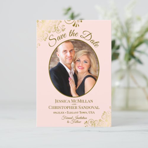 Elegant Gold Curls Oval Photo Blush Pink Wedding Save The Date