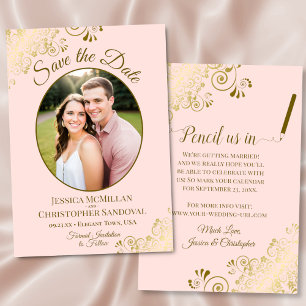 Elegant Gold Curls Oval Photo Blush Pink Wedding Save The Date