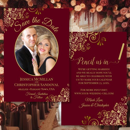 Elegant Gold Curls Oval Photo Burgundy Wedding Save The Date