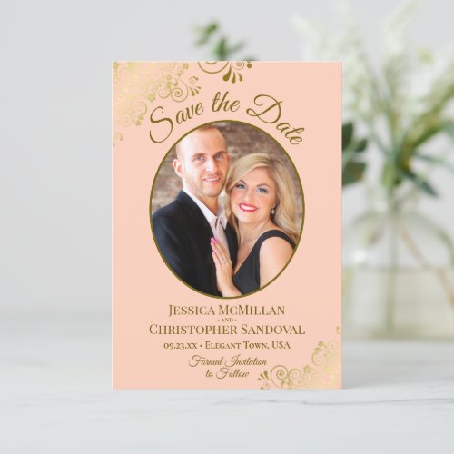 Elegant Gold Curls Oval Photo Peach Orange Wedding Save The Date