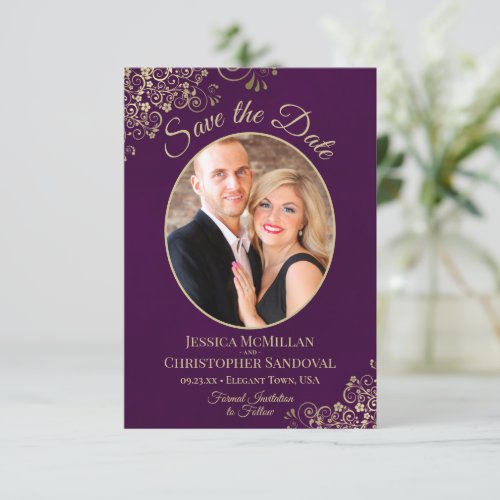 Elegant Gold Curls Oval Photo Plum Purple Wedding Save The Date