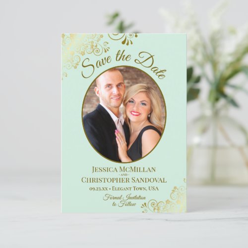 Elegant Gold Curls  Photo Neo Mint Green Wedding Save The Date