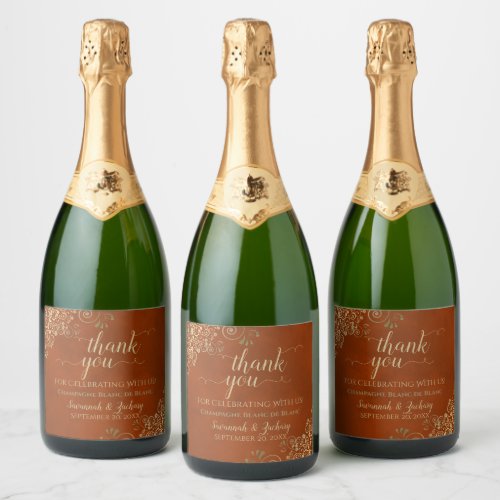 Elegant Gold Curls Rust Orange Wedding Thank You Sparkling Wine Label