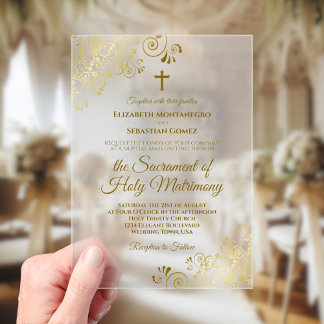 Elegant Gold Curls Stylish Modern Catholic Wedding Acrylic Invitations