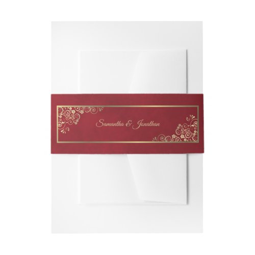 Elegant Gold Curls  Swirls Crimson Red Wedding Invitation Belly Band