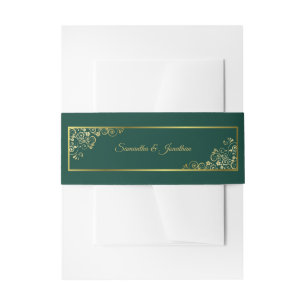 Elegant Gold Curls & Swirls Emerald Green Wedding Invitation Belly Band