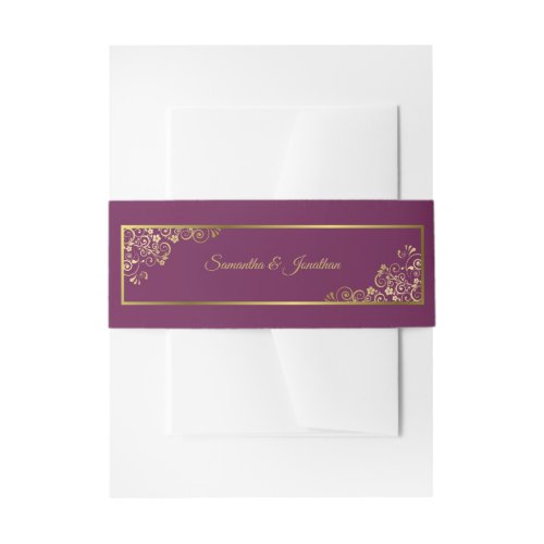 Elegant Gold Curls  Swirls Magenta Wedding Invitation Belly Band