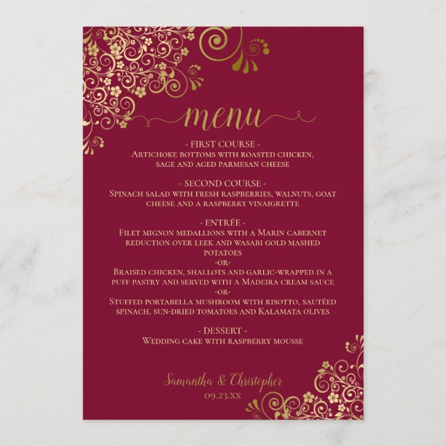 Elegant Gold Curls & Swirls on Burgundy Wedding Menu (Front)