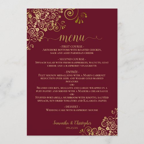 Elegant Gold Curls  Swirls on Burgundy Wedding Menu