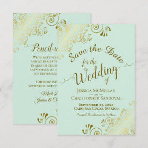 Elegant Gold Curls & Swirls on Mint Green Wedding Save The Date