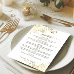 Elegant Gold Curls & Swirls on White Wedding Menu<br><div class="desc">This beautiful wedding menu is simple,  elegant,  sophisticated and stylish. It features a beautiful design with lacy gold script calligraphy and delicate golden curls and swirls in the corners. The back is a beautiful marbled gold color.</div>