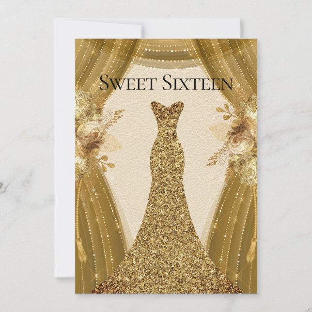 Elegant Gold Curtains Dress Sweet 16 Invitation (Front)