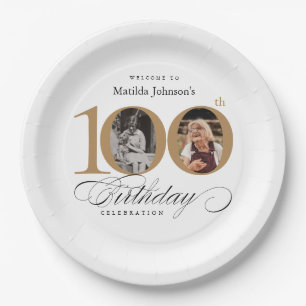 Elegant Gold Custom Photo 100th Birthday Paper Plates