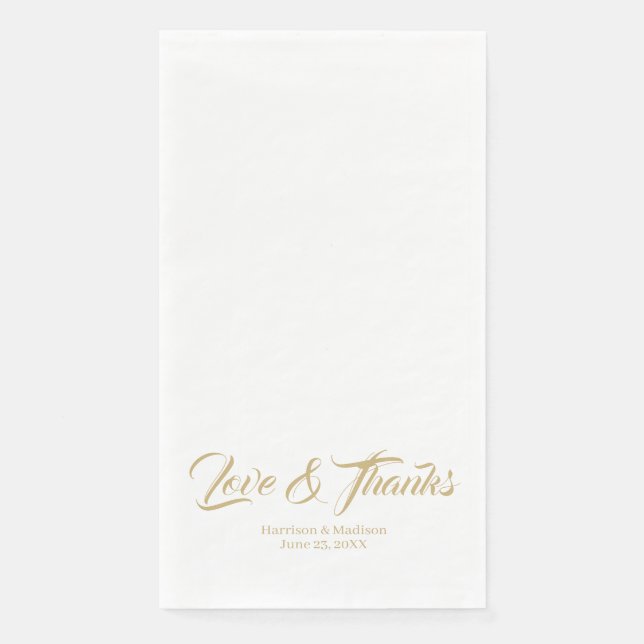 Elegant gold custom script Love & Thanks wedding Paper Guest Towels (Front)