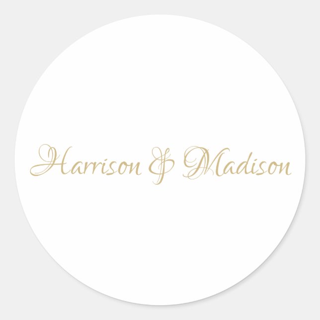 Elegant gold custom script names wedding favor classic round sticker (Front)