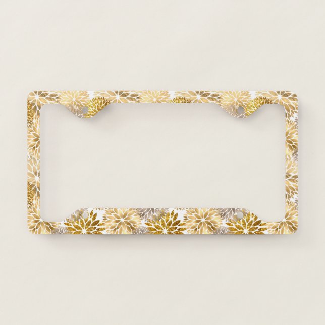 Elegant Gold Dahlia Floral License Plate Frame (Front)