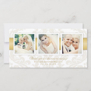 Elegant Gold Damask 3 Photo Wedding Thank You Card