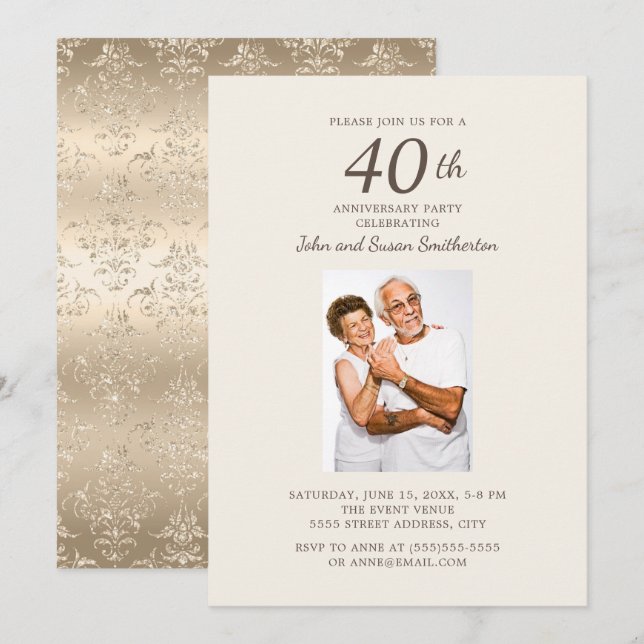 Elegant Gold Damask 40th Wedding Anniversary Photo Invitation (Front/Back)