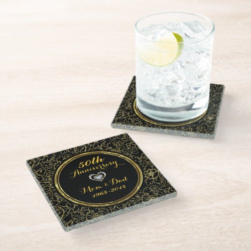 Elegant Gold Damask 50th Anniversary Glass Coaster