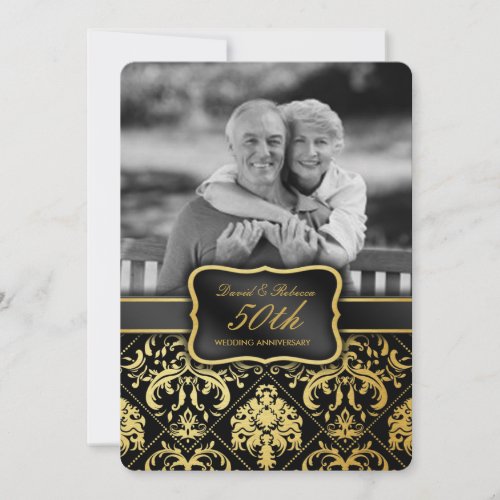 Elegant Gold Damask 50th Wedding Anniversary 5x7 Paper Invitation Card