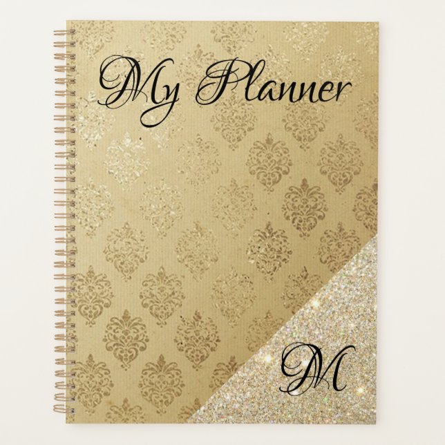 Elegant Gold Damask and Faux Glitter Planner (Front)