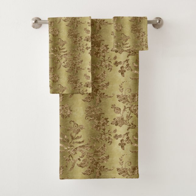 Elegant Gold Damask Bathroom Bath Towel Set (Insitu)