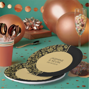 Elegant Gold Damask & Black Split Screen Paper Plates